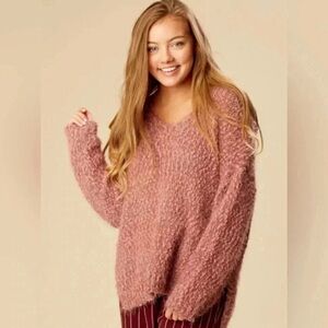 Altar'd State Fuzzy Eyelash Sweater Women's S/M Rose' Mauve Oversized Boho Knit